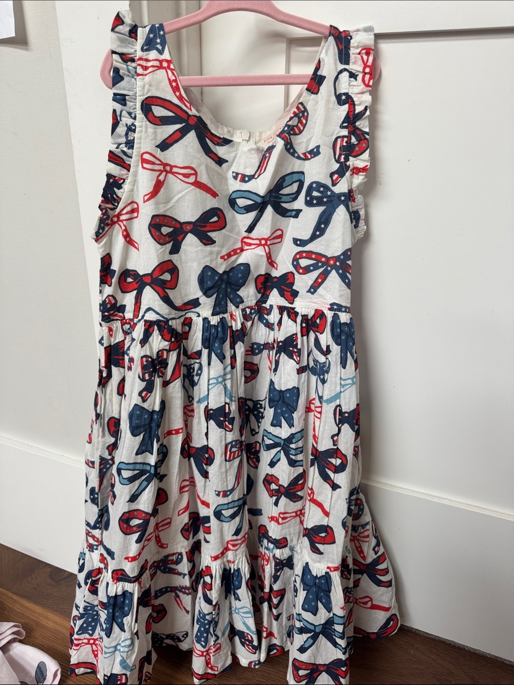 Pink Chicken White Sleeveless Dress with Red & Navy Bow Print